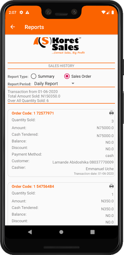  Sales Report screen